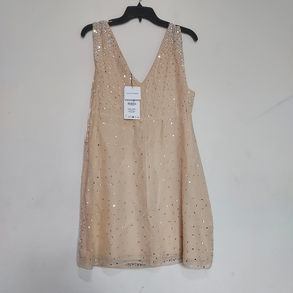 Zara ZW Collection Sparkly Rhinestones Cream Sleeveless Mini Dress Sz-L - Picture 7 of 9